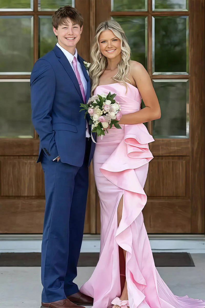 Pink Mermaid Strapless Satin Ruffled Long Prom Dresses with Slit