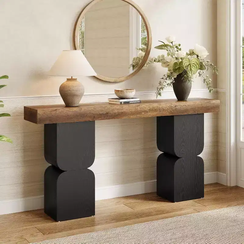 Lantine 63-Inch Console Table, Heavy-Duty Behind Couch Sofa Table with Color Blocking Design for Living Room, Hallway, Foyer, Brown + Black