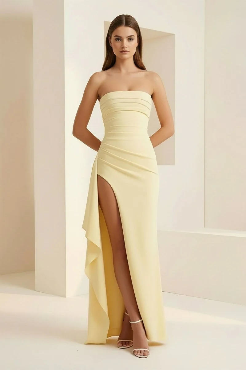 Yellow - Mermaid Strapless Satin Pleated Long Prom Dress with Slit