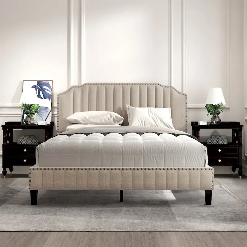 3 Pieces Bedroom Set Modern Linen Curved Upholstered Beige Platform King Bed with Two Black Cherry Nightstands