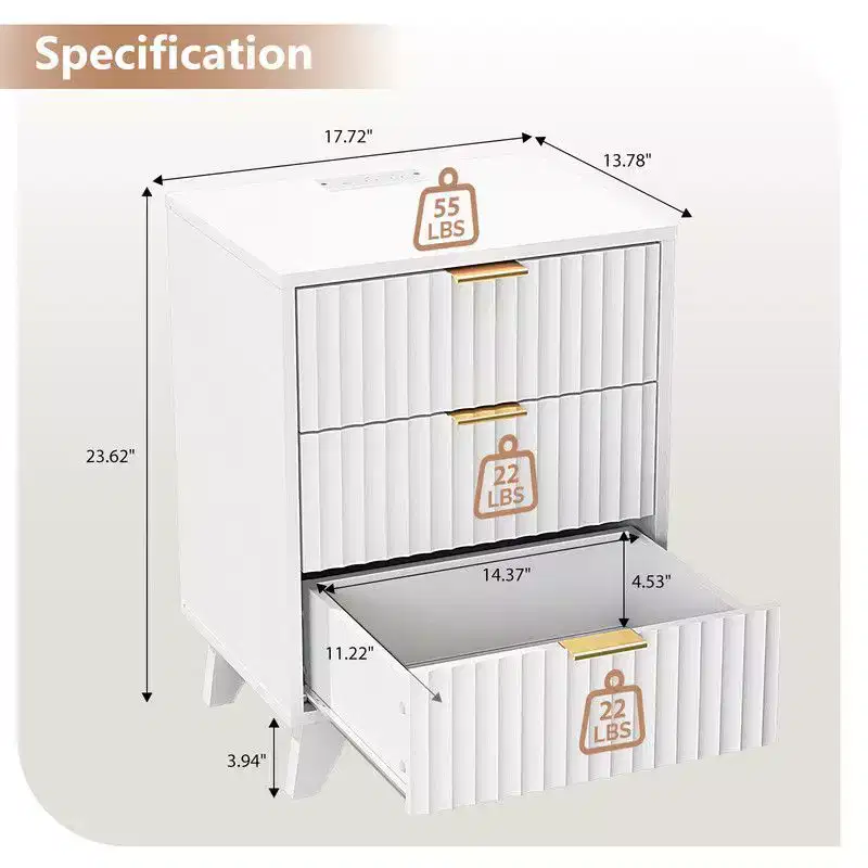 Karl Home 17.72 Inch 3 Drawer Grid Pattern Nightstand with US Standard Power Outlets
