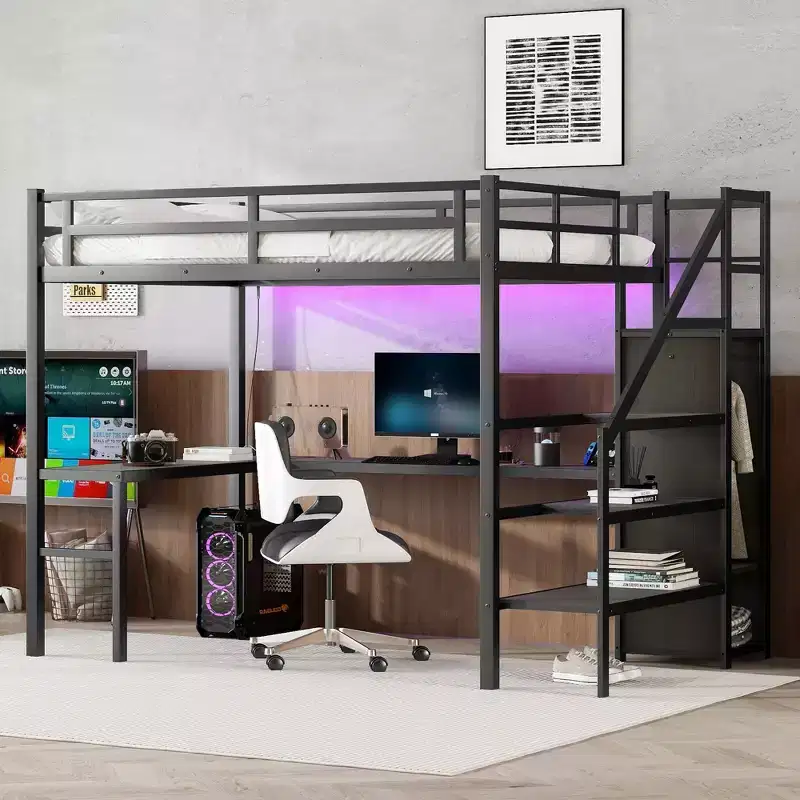 Okak Full XL Metal High Loft Bunk Bed with L-shaped Desk & USB Heavy Duty Bedframe with Wardrobe & Adjustable Shelf LED for Adults Teens Kids, Black