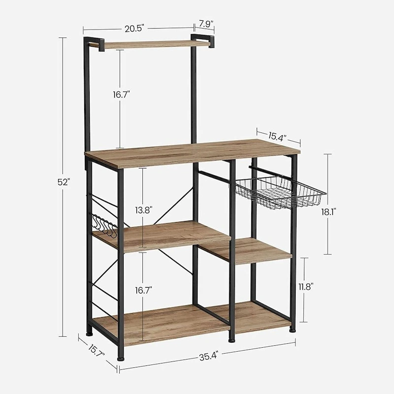 Kitchen Microwave Oven Stand Shelf with Wire Basket and 6 S-Hooks - 35.4 L x 15.7 W x 52 H