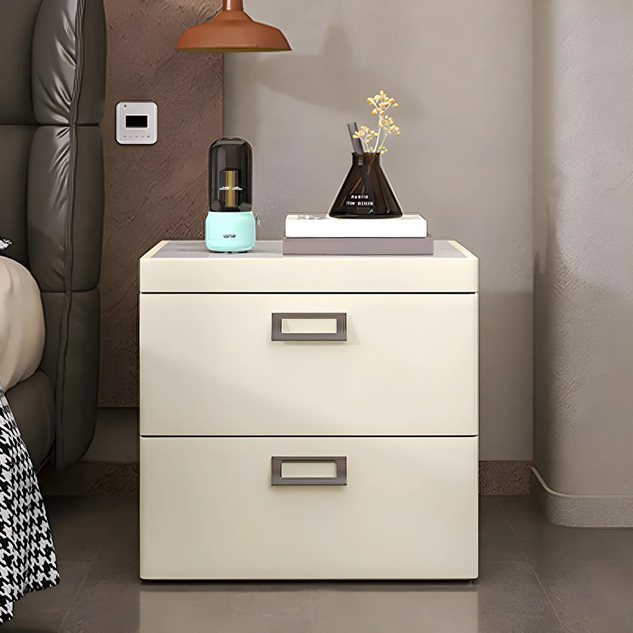 Modern Faux Leather 2 Drawers Nightstand with Stone Top