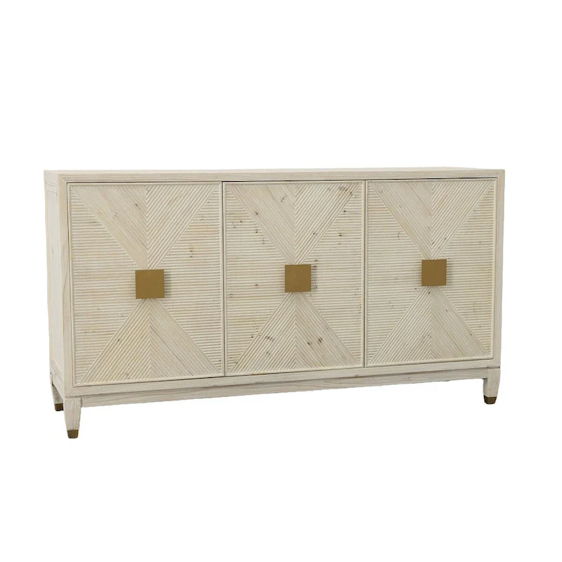 White Washed Pine 3-Door Sideboard with Gold Accents