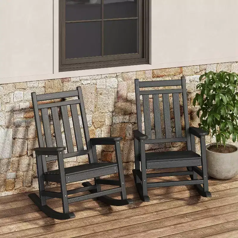 Rocking Chair Outdoor Set of 2 - HDPE Poly High Back Porch Rocker Chairs for Adults - All Weather Resistant Furniture for Patio Front Porch - Black