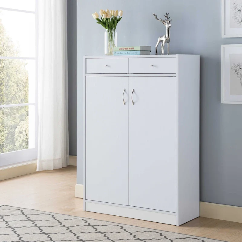 White Shoe Cabinet with 5 Shelves & 2 Drawers, Holds 15 Pairs