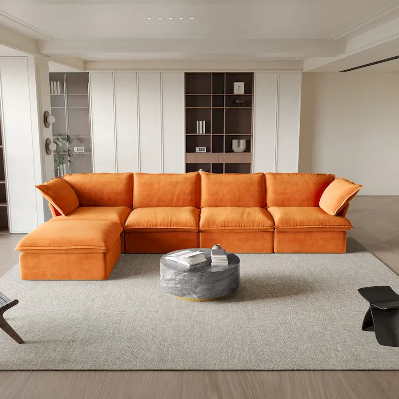 Modular Sectional Sofa Couch, 162.98 Velvet L-Shape Sofa with Ottoman