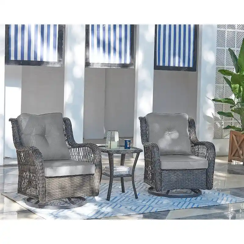 Manhattan Comfort Fruttuo Swivel Steel Rattan 3-Piece Patio Conversation Set