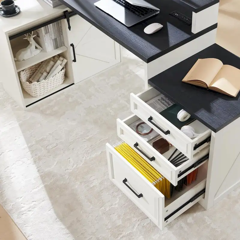 Modern Farmhouse Home Office Desk, Computer Desk with File Cabinet