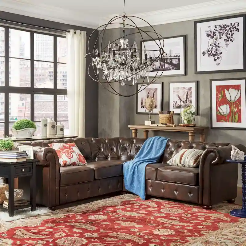 5-Seat L-Shaped Chesterfield Sectional Sofa | Velvet / Linen / Bonded Leather