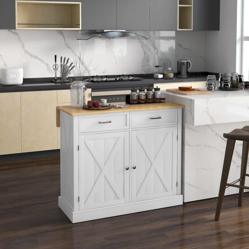 White Portable Rolling Kitchen Island Cart with Drop Leaf Wood Top, 2 Drawers