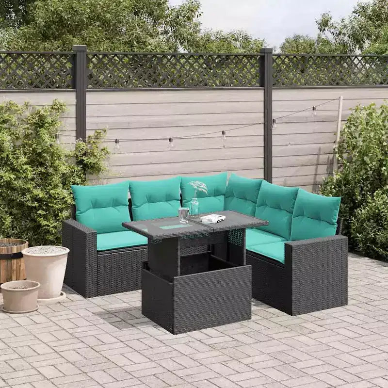 vidaXL 6 Piece Garden Sofa Set with Cushions Black Poly Rattan