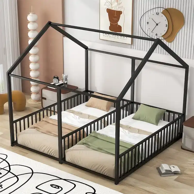 Twin Size House-Shaped Platform Bed for Kids, 2-in-1 with Guardrails, Metal Frame