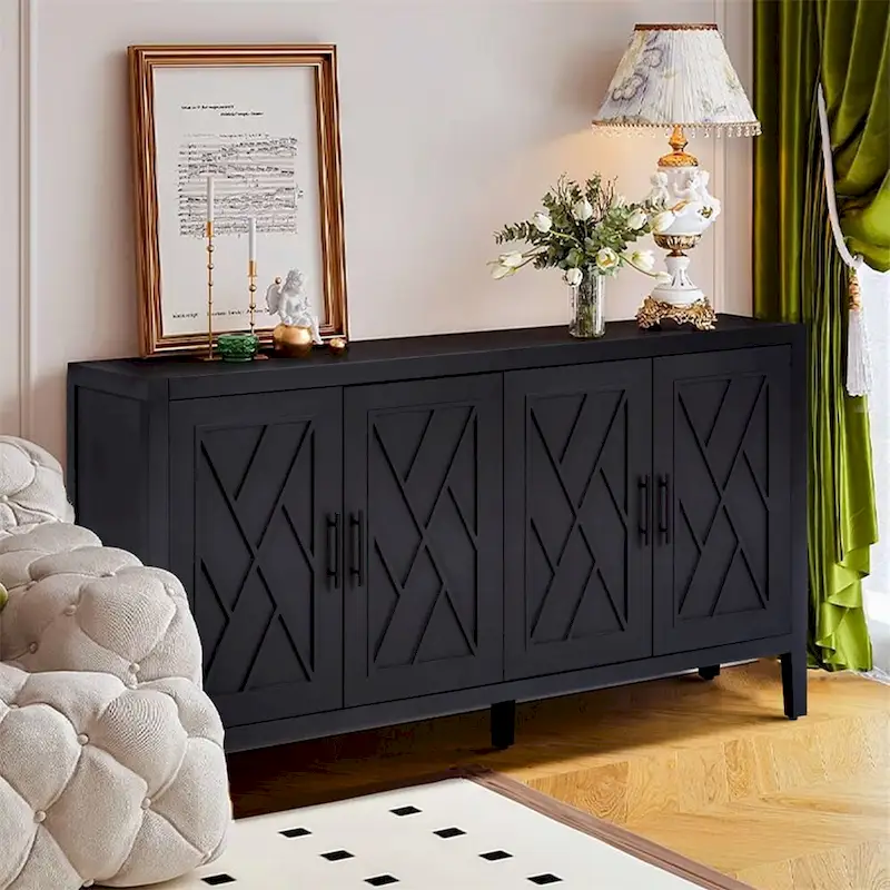 Black / Navy Blue / Brown 4-Door Sideboard, Vintage Style, MDF + Pine