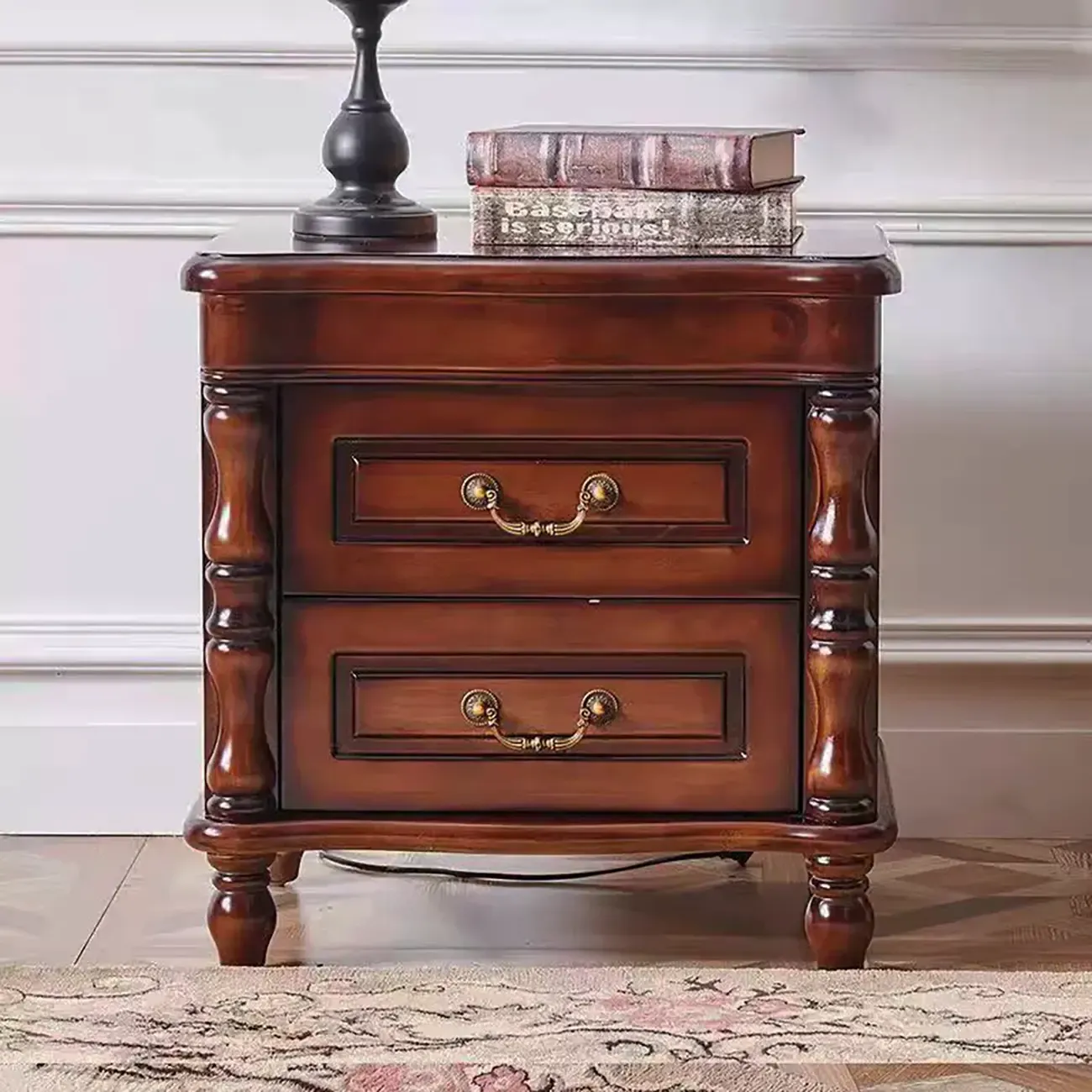 Victorian Brown 2-Drawer Wood Nightstand for Bedroom