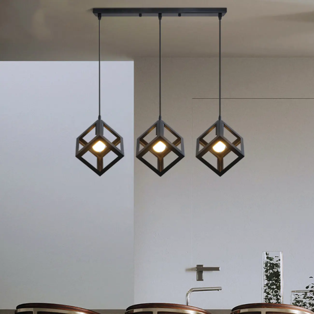 Industrial Black Metal Geometric Island Pendant Light