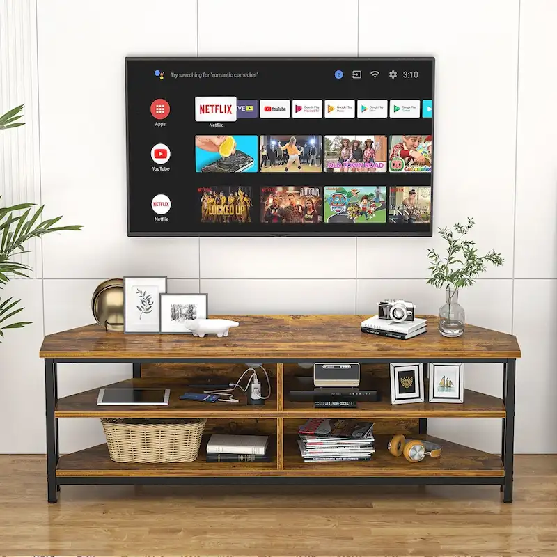 Rustic Brown / Black / Grey Oak Corner TV Stand with Power Outlet, for 1 TV up to 60