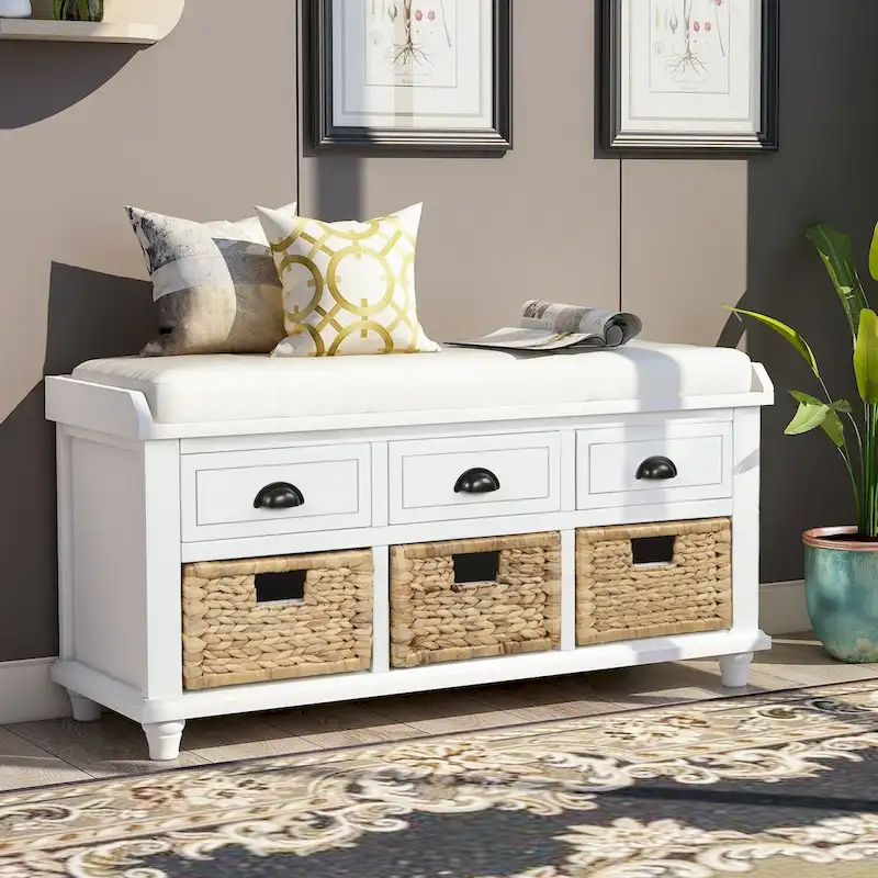 Rustic Storage Bench with 3 Drawers and 3 Rattan Baskets, Shoe Bench for Living Room, Entryway