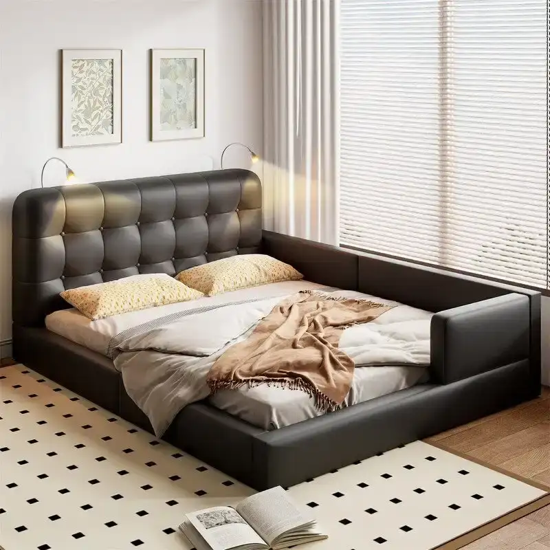 Upholstered Platform Bed with 2 Bulit-in Reading Lights, Queen Size PU Bed Frame Floor Bed with Button Tufted Design Headboard
