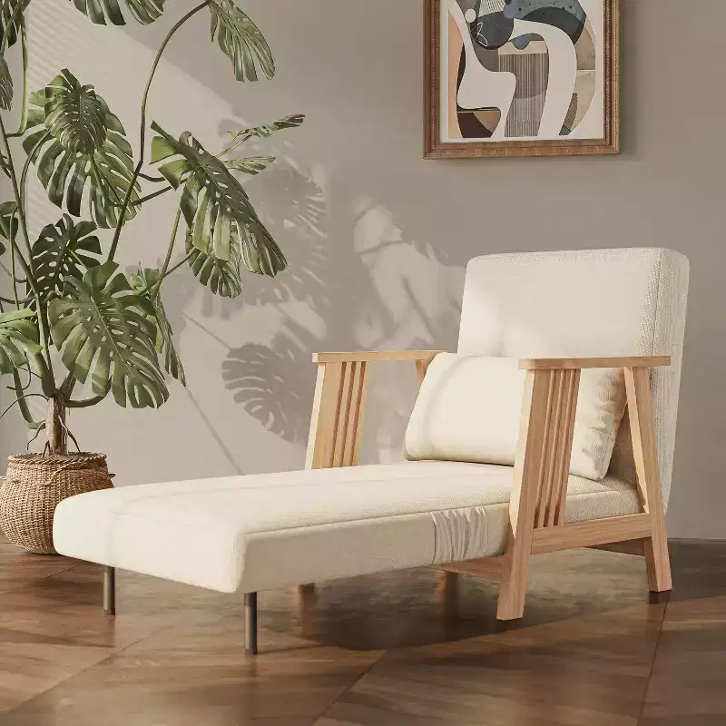 ATJafurn Folding Chair Bed, Modern Convertible Wooden Upholstered Armchair Sleeper Chaise Recliner Sofa Bed for Bedroom Living Room, Beige