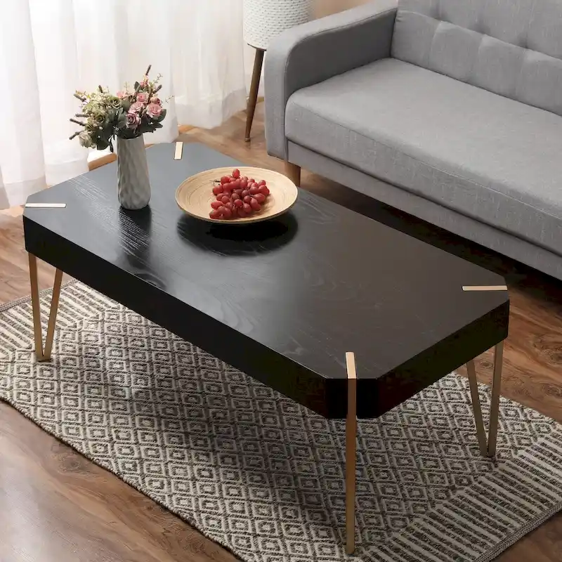 Wood Top Coffee Table – Black & Gold, Hairpin Legs, Seats 2–4