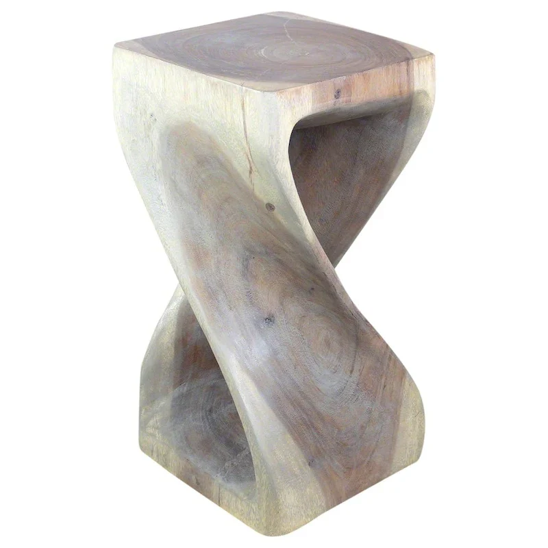 Hand-Carved Solid Wood Twist Stool – Grey Oil Finish, 12 x 12 x 23 in