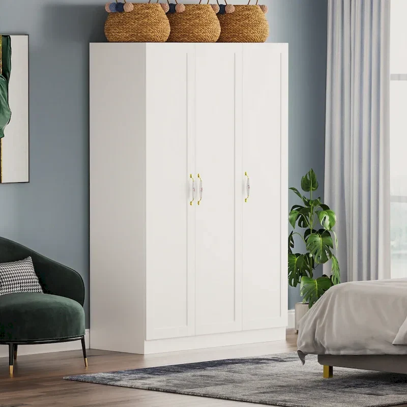 White 3-Door Wardrobe with 2 Clothes Rods & Floral Handle, 1-Person