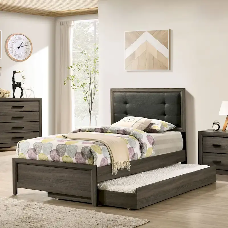 Transitional Grey Wood Tufted Panel Bed with Trundle