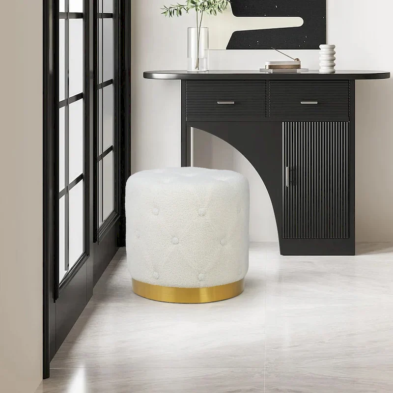 Adeco Round Velvet Ottoman Vanity Footrest Stool Gold Plating Base