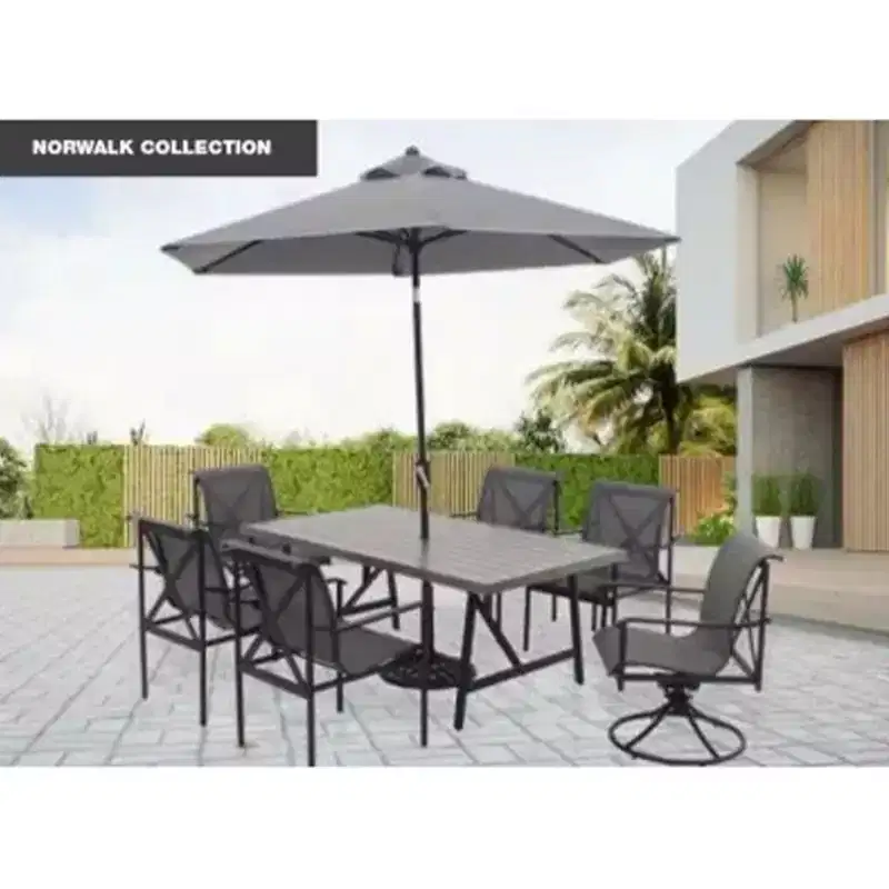 Four Seasons Courtyard 9 Foot Norwalk Market Patio Umbrella with Push Button Tilt, Steel Ribs and Aluminum Pole for Outdoor Space, Gray