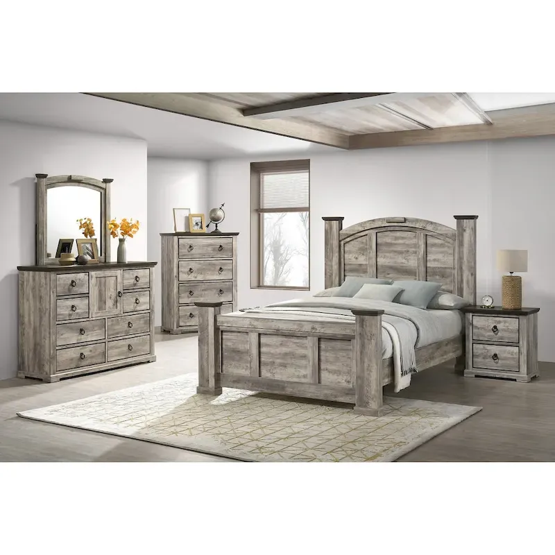 Aimon 4 Piece Gray Rustic Panel Bedroom Set