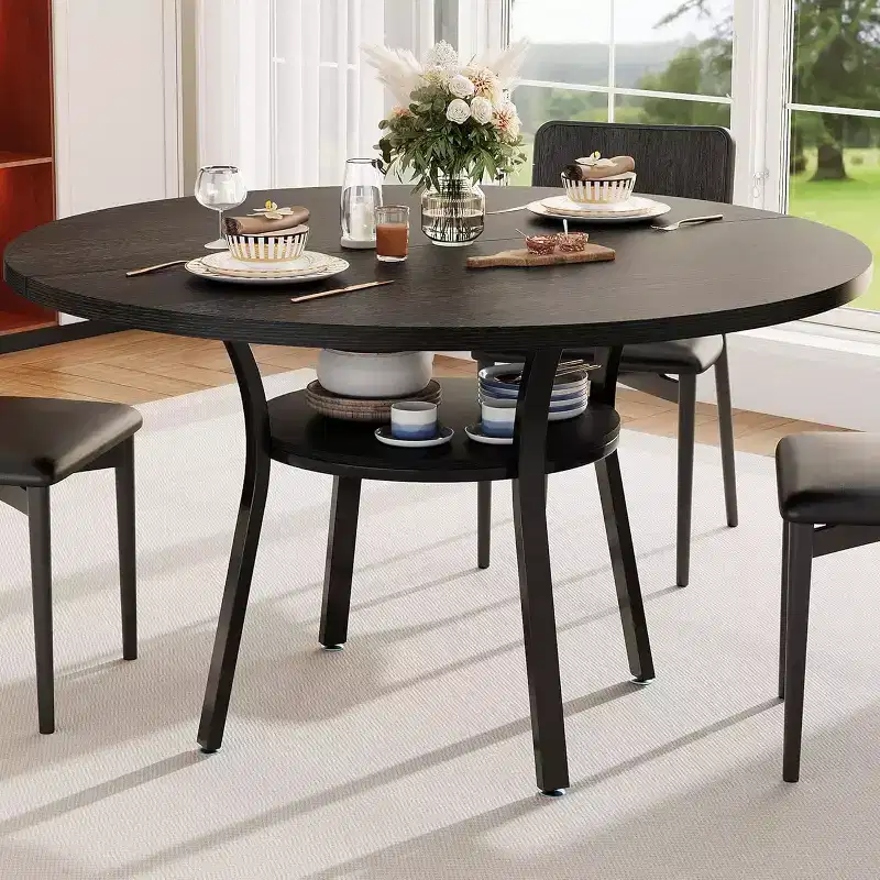 Dining Table for 4, 47 Inch Kitchen Table, Round Dining Room Table with Storage Shelf for Dining Room, Kitchen