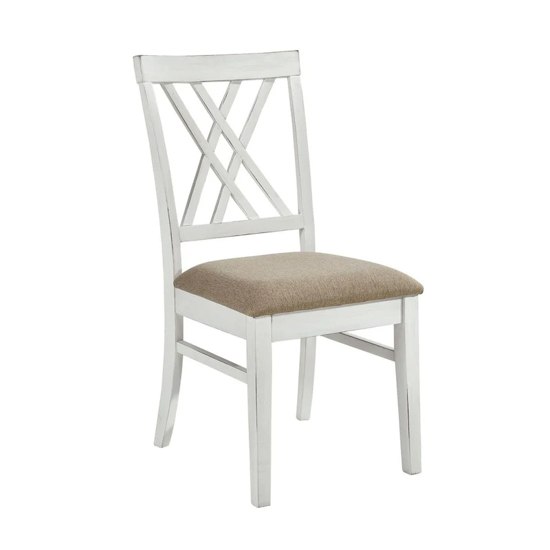 Hyna 19 Inch Side Dining Chairs Set of 2, X Cross Back, Khaki Seat, Farmhouse White