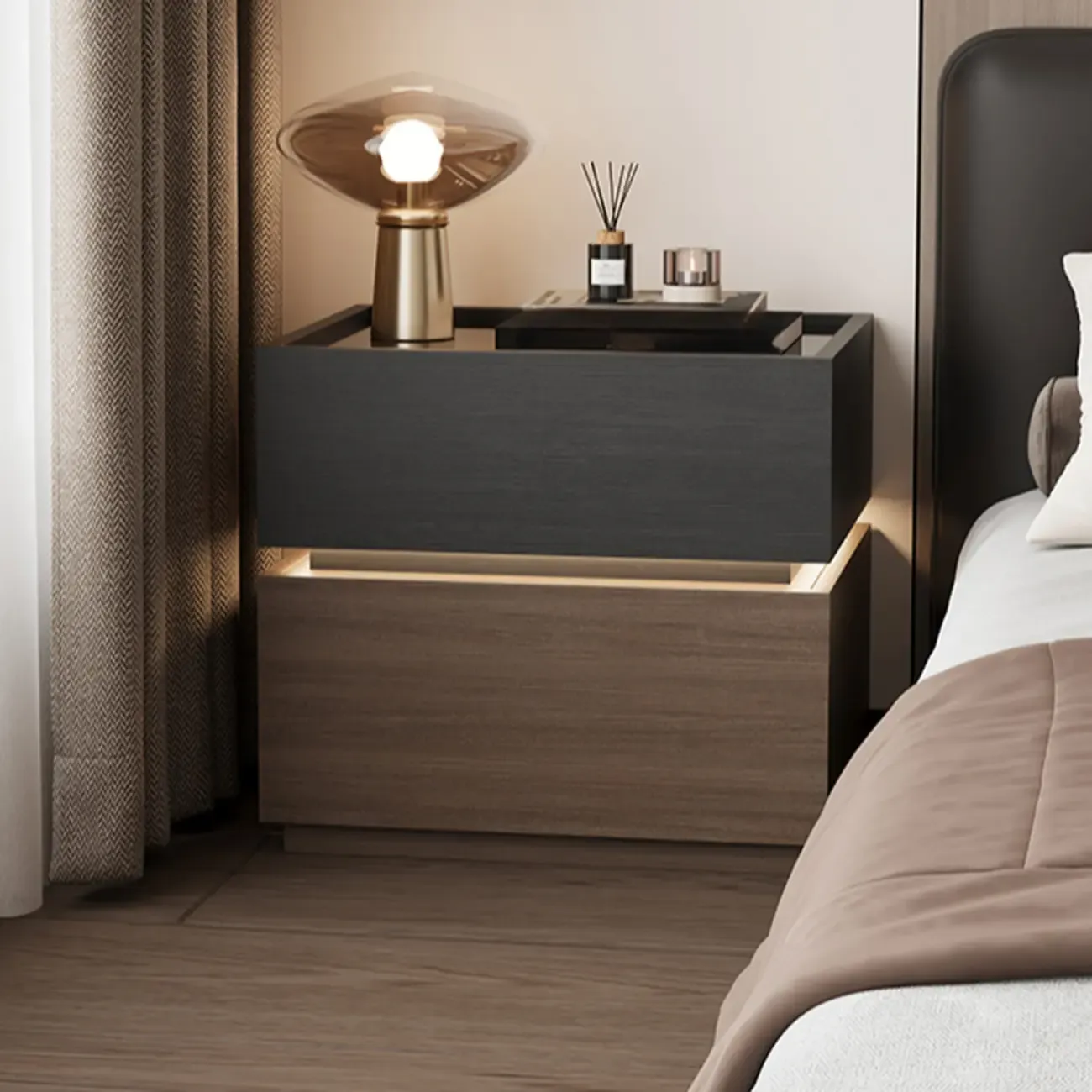 Illuminated Modern Wood Glass Nightstand Storage