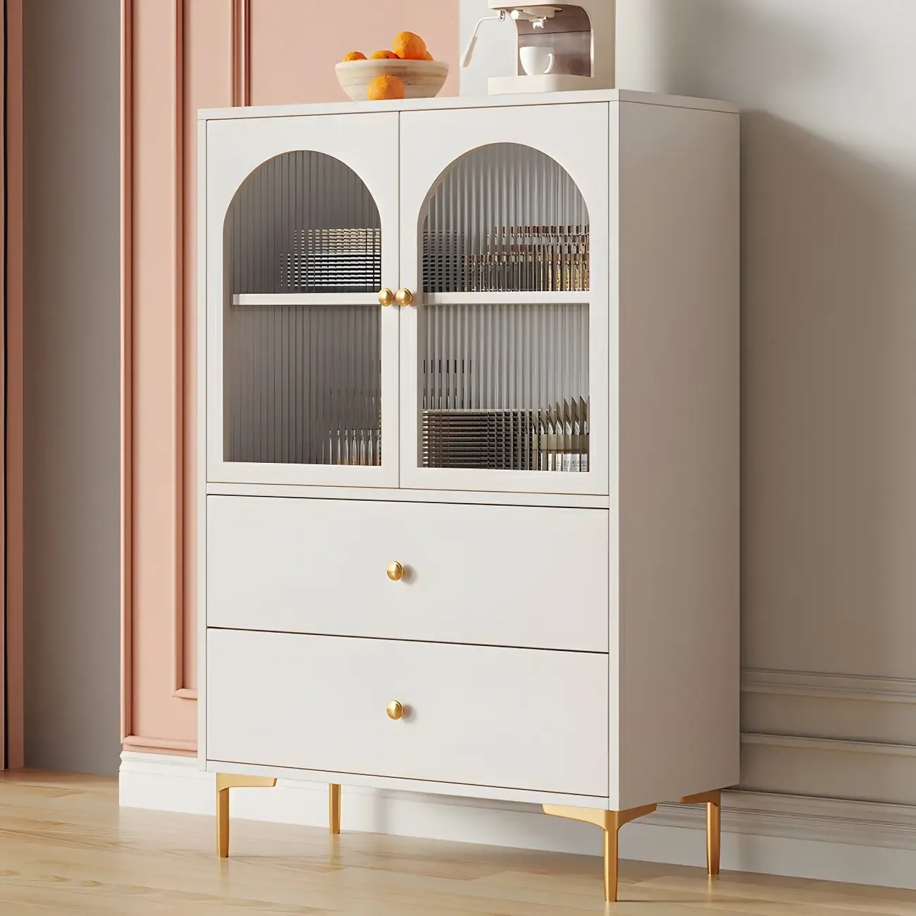 Glam White Wooden Buffet Table with Drawers & Shelves