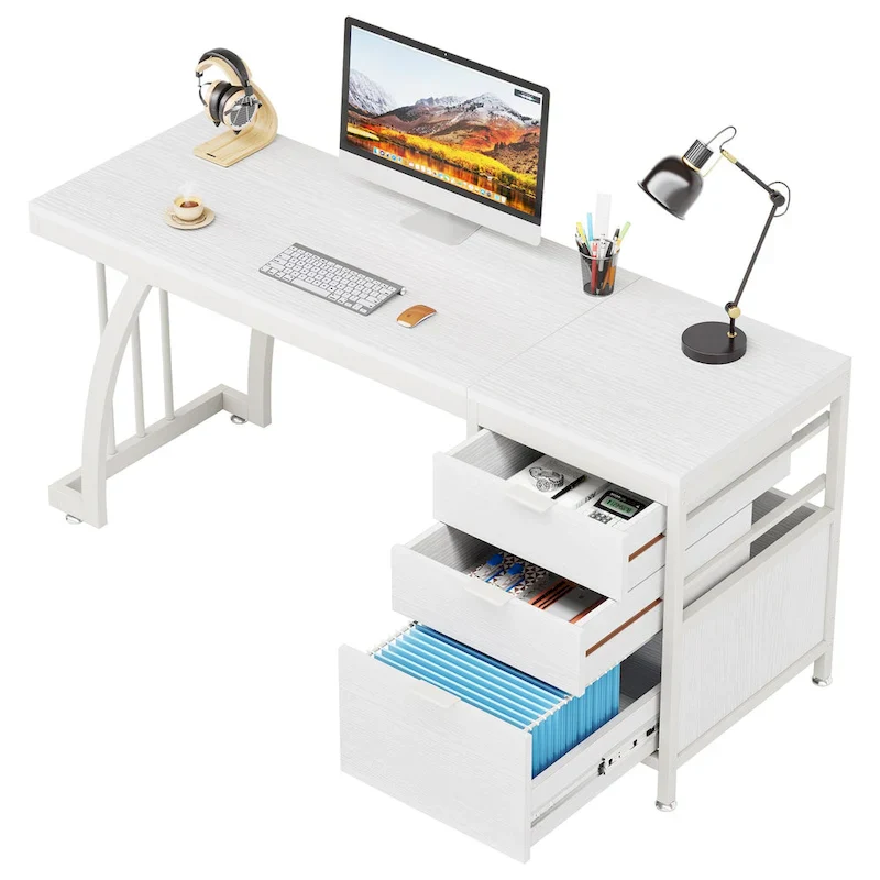 59-inch Wood/ Metal Computer Desk Writing Table with 3 Reversible Drawers