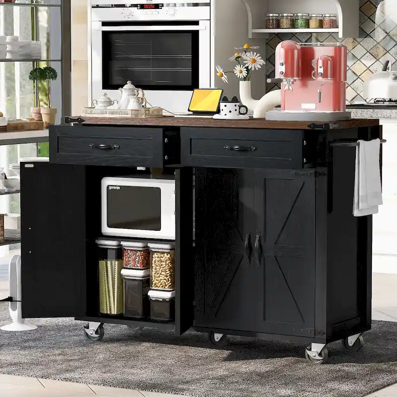 53.5 Farmhouse Kitchen Island with Power Outlet, Kitchen Storage Island with Drop Leaf, Rolling Cart On Wheels.