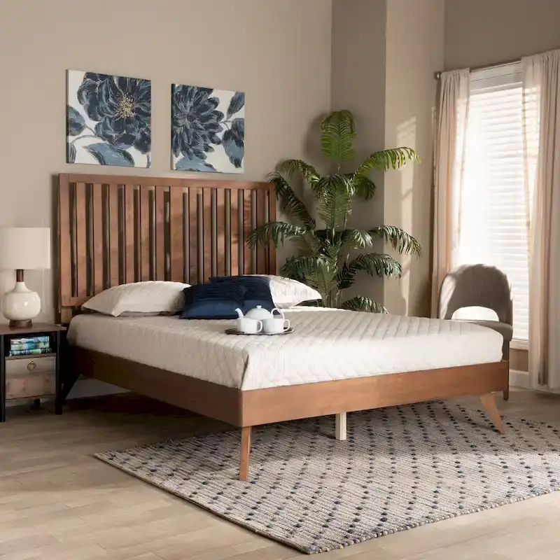 Mid-Century Modern Walnut Brown Finished Wood Platform Bed