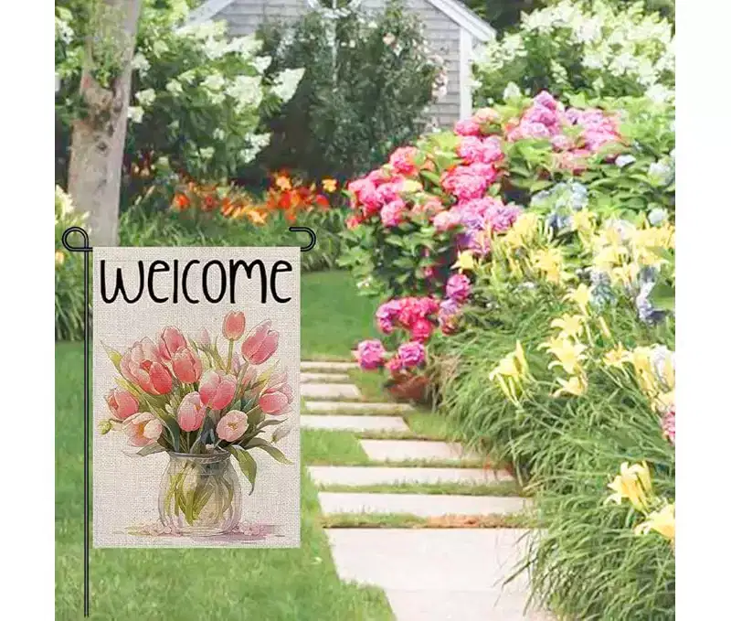 Lomsoe Spring Welcome Garden Flag Pink Floral Seasonal Sign Welcome Yard Flag Spring Farmhouse Holiday Outdoor Decor Single Side 12x18Inch