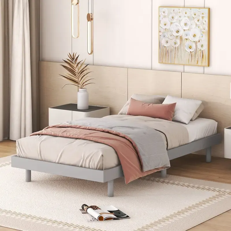 Grey Particle Board Twin Floating Platform Bed Frame with Rubberwood Legs