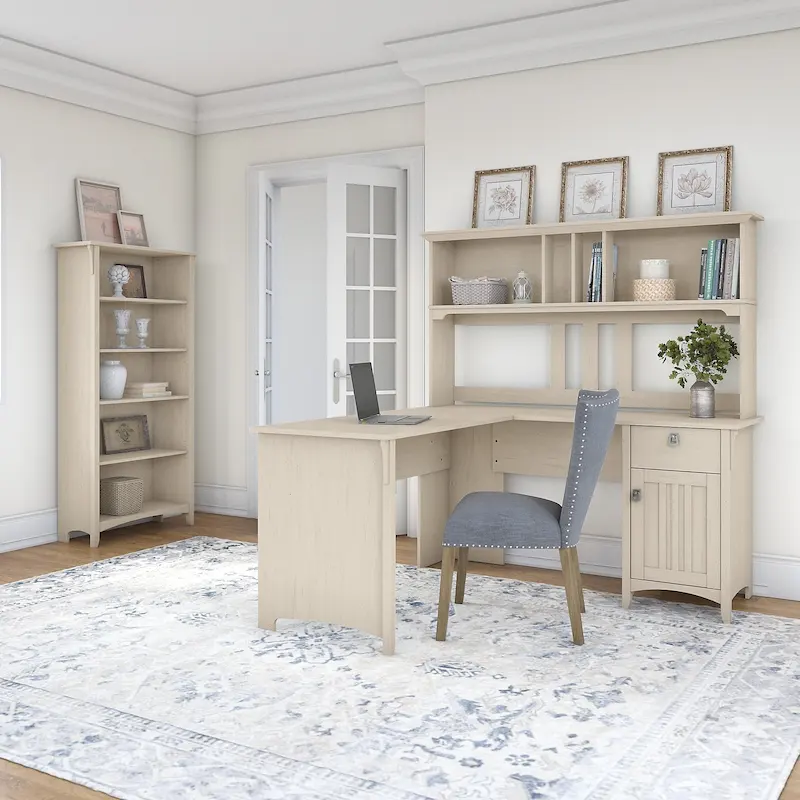 Salinas 60W L Shaped Desk with Hutch and 5 Shelf Bookcase in White