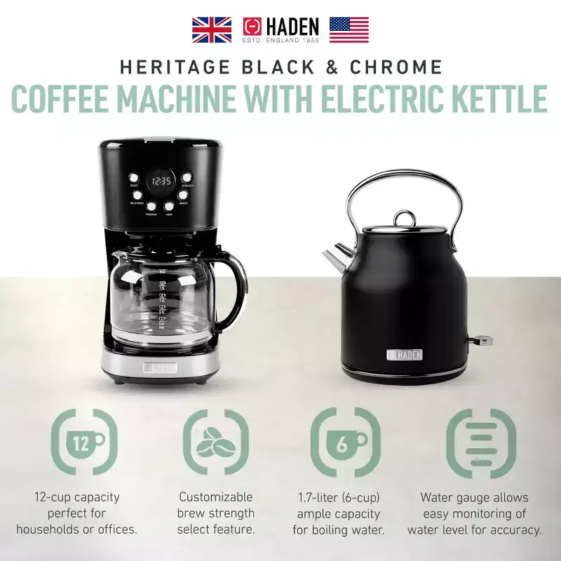 Haden Heritage Coffee Machine, 12 Cup Drip Coffee Maker Bundled with Heritage 1.7 Liter Stainless Steel Electric Kettle, Black  Chrome