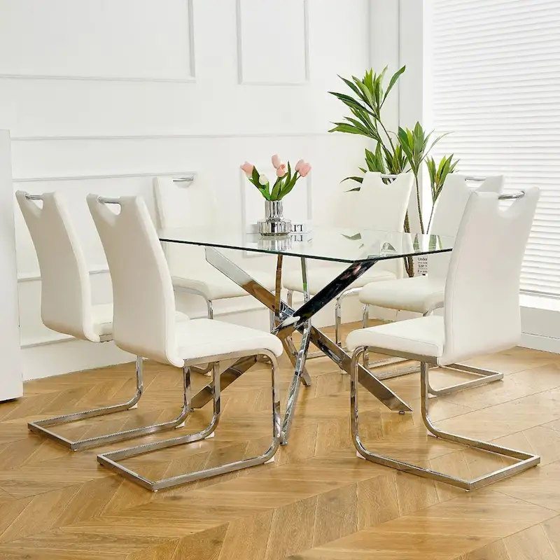 Set of 6,Dining Chairs with Faux Leather Padded Seat Upholstered with Chrome Metal Legs Side Chairs