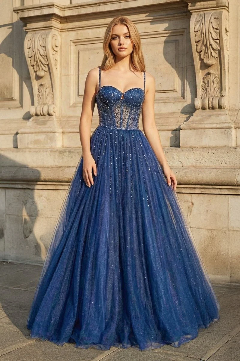 Blue Tulle Beaded Long Prom Dress Formal Dress