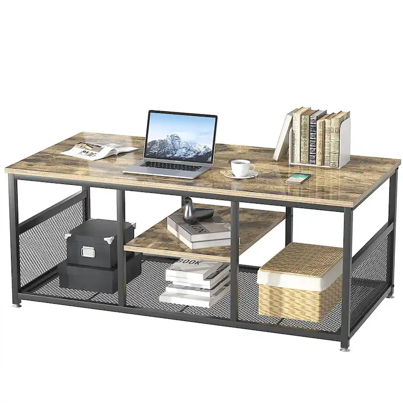 3-Tier Coffee Table with Metal Frame and MDF Shelves