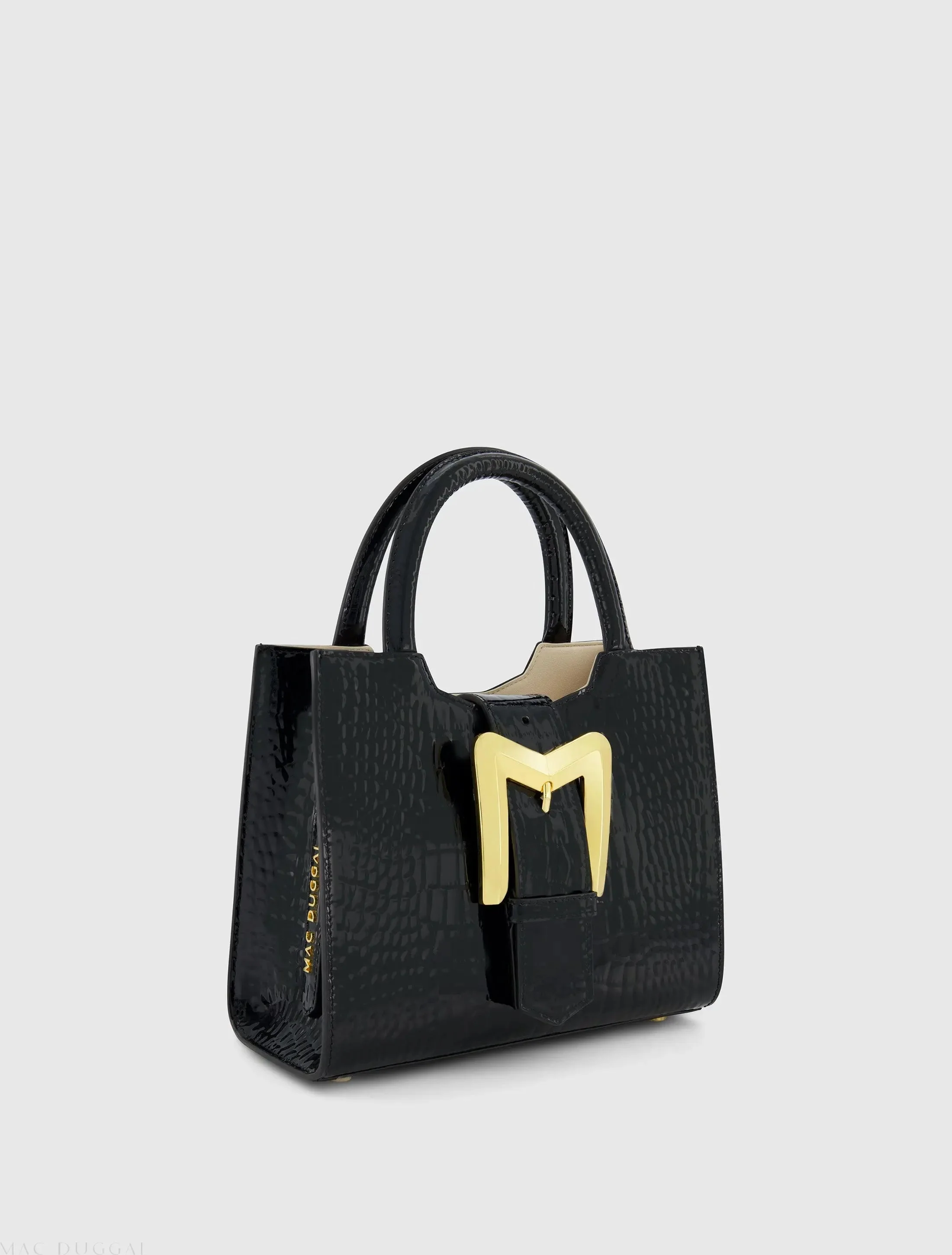 Black Crocodile Leather Tote Bag With Gold Buckle
