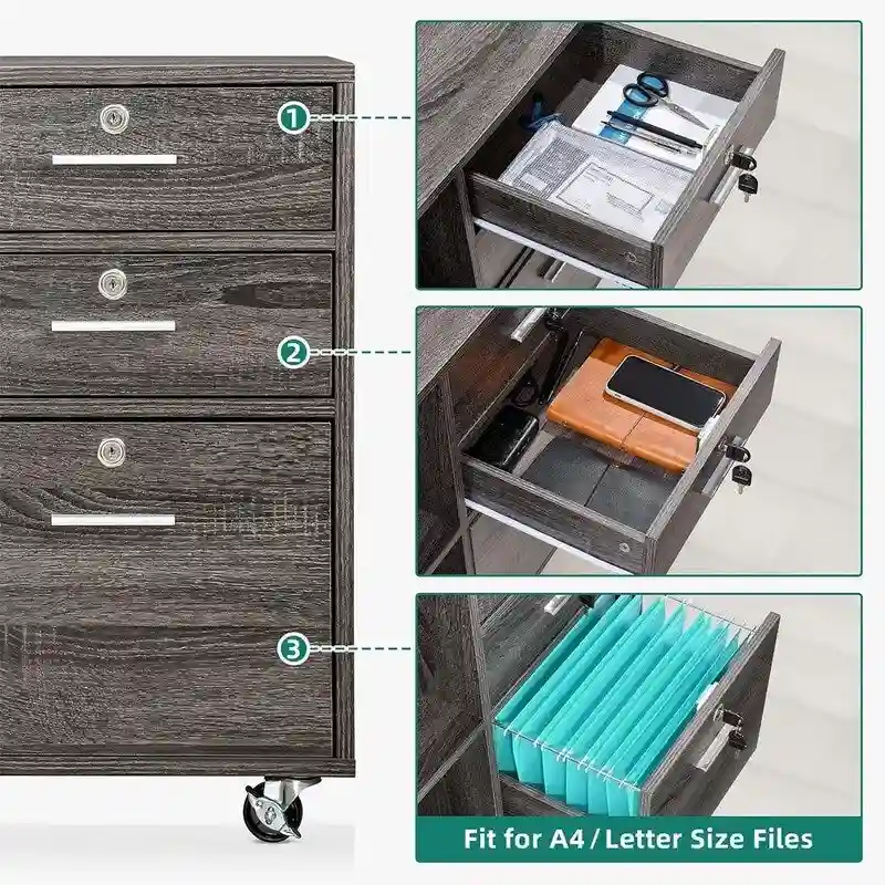3 Drawer Mobile Lateral Filing Cabinet - 15.6 D x 35 W x 25.6 H