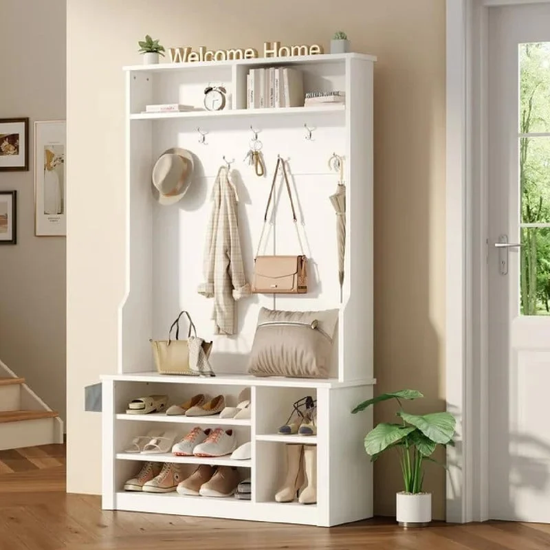 39.37 W Hall Tree, 3 in 1 Entryway Bench with Coat Rack and Shoe Storage
