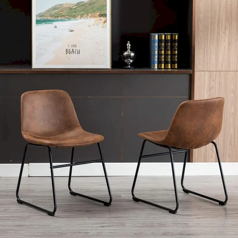 Synthetic Leather Upholstered Dining Chairs Armless with Metal Frame (Set of 2)